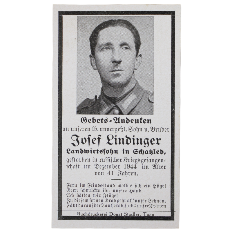 Sterbebild, Remembrance Card, Josef Lindinger, Heer, 1944