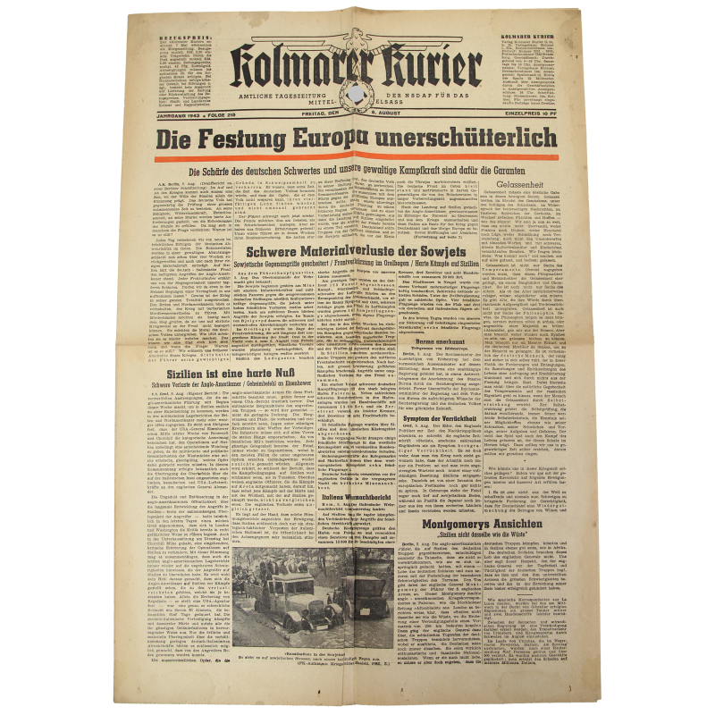Journal allemand, Kolmarer Kurier, 6 août 1943, "Die Festung Europa unerschütterlich" Journal allemand, Kolmarer Kurier, 6 août 1943, "Die Festung Europa unerschütterlich"