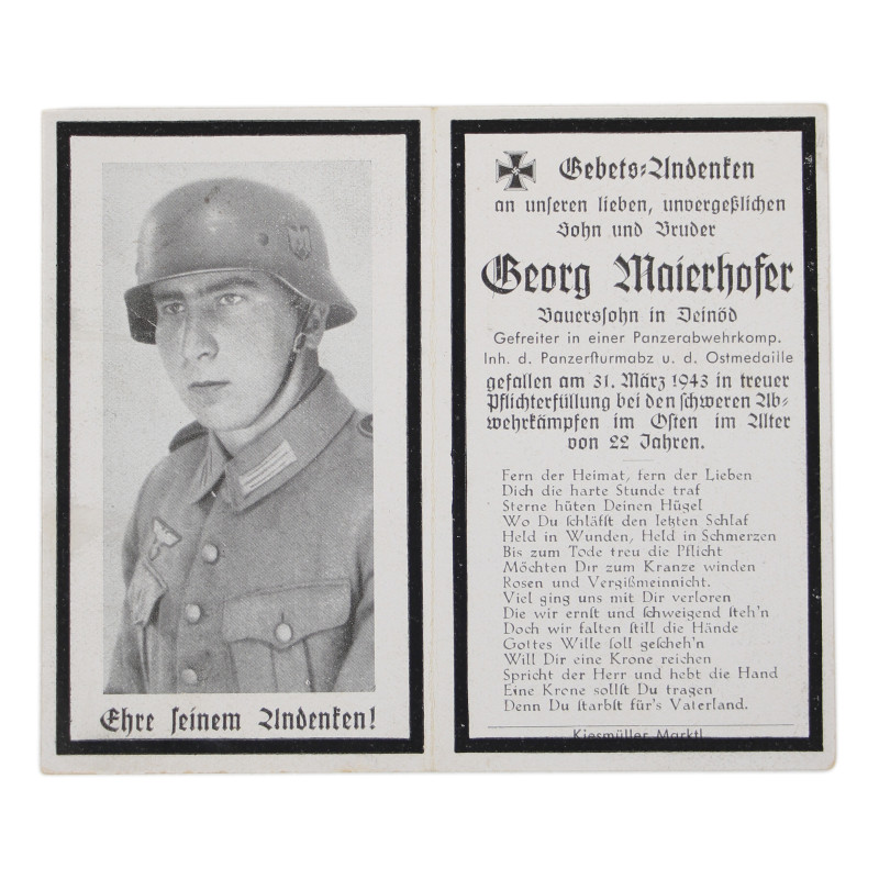 Sterbebilder, carte du souvenir, Gefr. Georg Maierhofer, Grenadier-Regiment 339, Heer, 1943 Sterbebilder, carte du souvenir, Gefr. Georg Maierhofer, Grenadier-Regiment 339, Heer, 1943