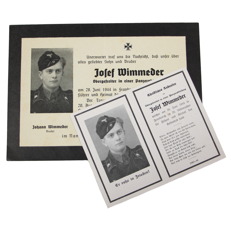 Avis de décès et carte du souvenir, Sterbebilder, Ob. Gefr. Josef Wimmeder, Panzerabteilung, Heer, 28 juin 1944, Normandie Avis de décès et carte du souvenir, Sterbebilder, Ob. Gefr. Josef Wimmeder, Panzerabteilung, Heer, 28 juin 1944, Normandie