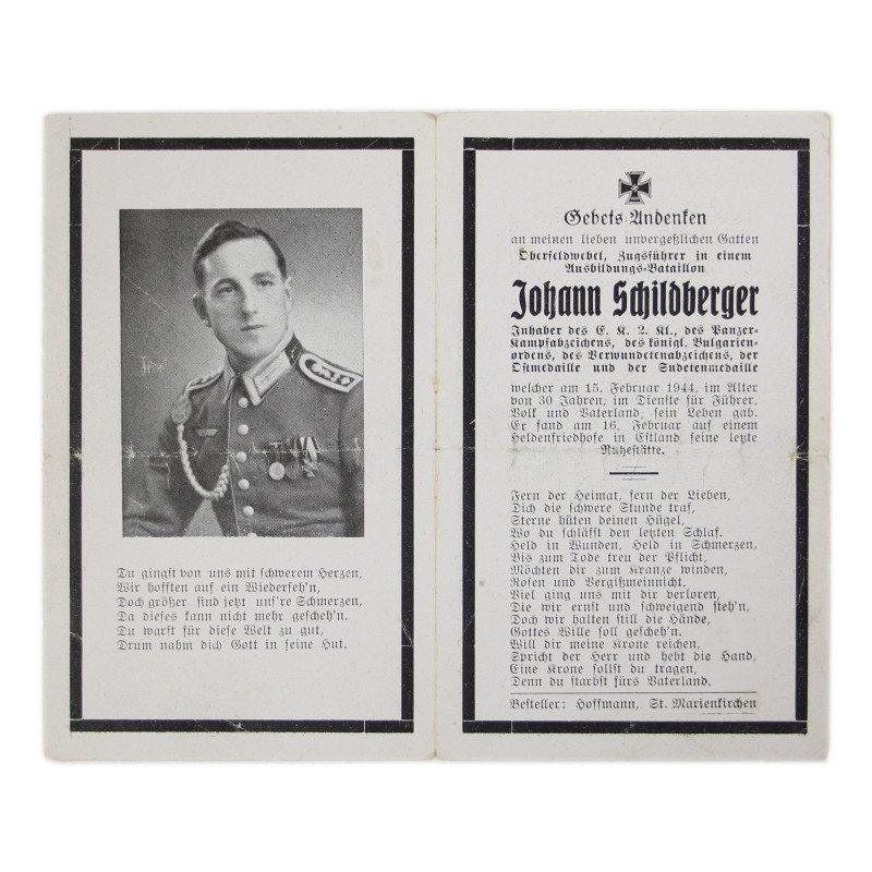Sterbebild, carte du souvenir, Obfw. Johann Schildberger, Ausbildungs-Bataillon 4, Heer, 1944