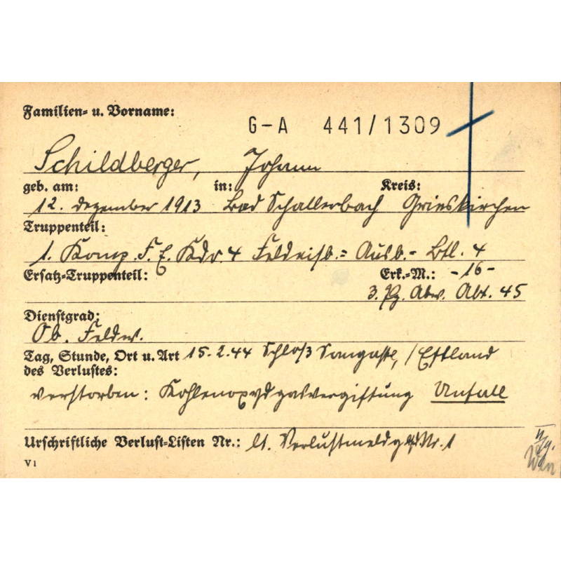 Sterbebilder, Remembrance Card, Obfw. Johann Schildberger, Ausbildungs-Bataillon 4, Heer, 1944