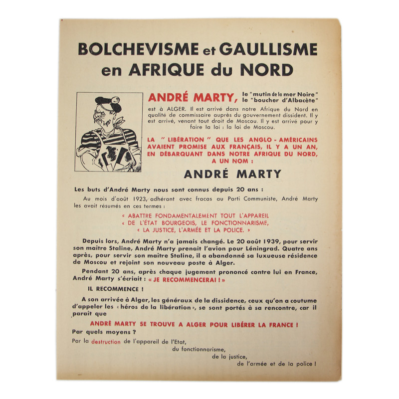 Leaflet, Propaganda, Anti-Communist and Anti-Gaullist, French North Africa, 1943