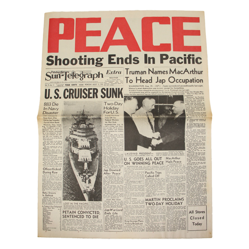 Newspaper, Pittsburgh Sun-Telegraph, August 15, 1945, 'Peace -- Shooting Ends In Pacific'