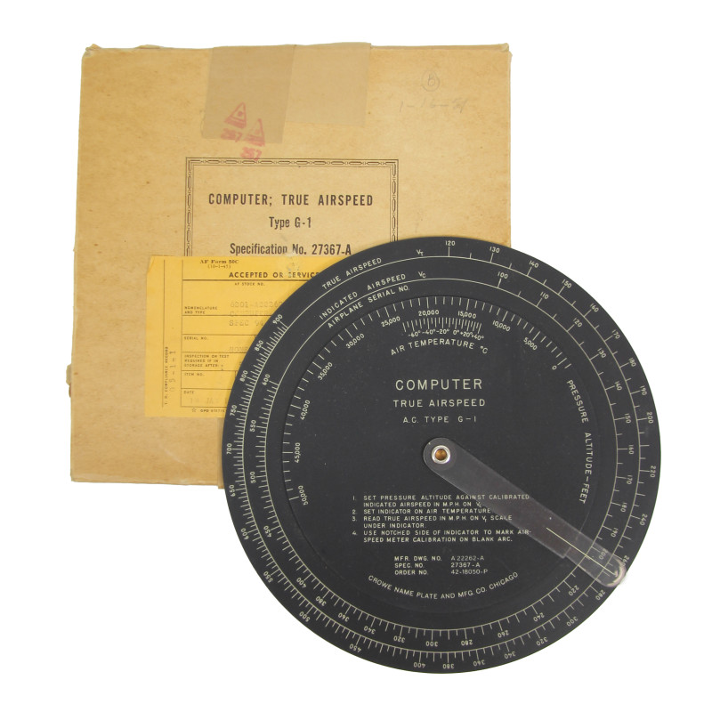 Règle à calcul, Type G-1, True Airspeed, USAAF, 1942, dans son étui en carton