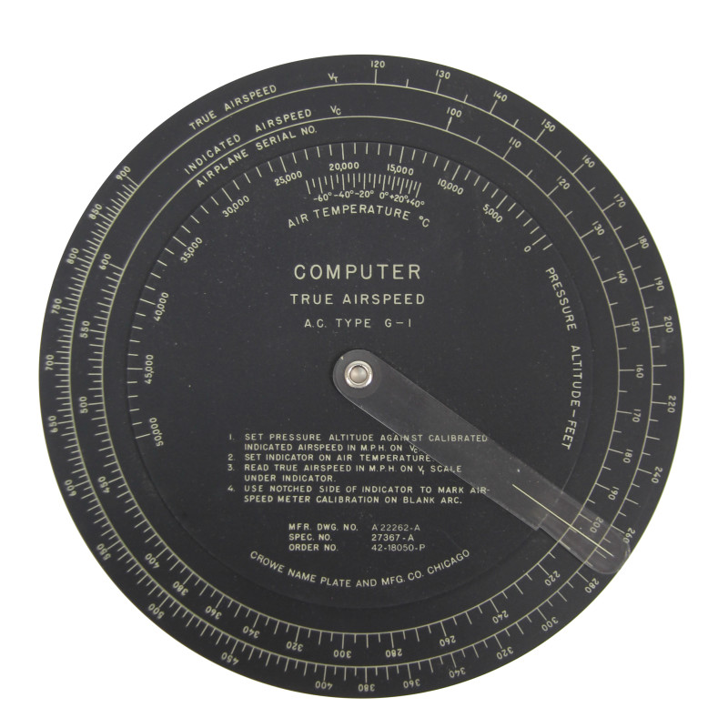 Règle à calcul, Type G-1, True Airspeed, USAAF, 1942, dans son étui en carton