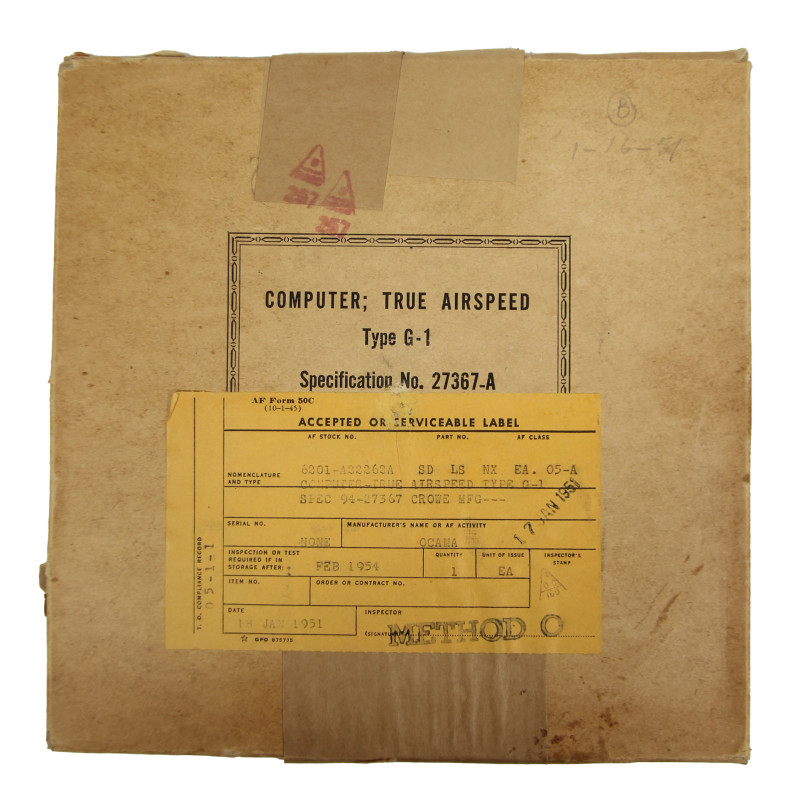 Règle à calcul, Type G-1, True Airspeed, USAAF, 1942, dans son étui en carton