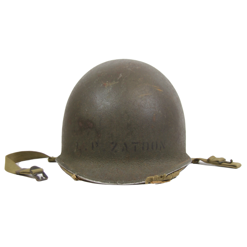 Casque M1, pattes fixes, liner HAWLEY, F1c Leo Zatoon, 21st Naval Construction Bn., Seabees, PTO Casque M1, pattes fixes, liner HAWLEY, F1c Leo Zatoon, 21st Naval Construction Bn., Seabees, PTO