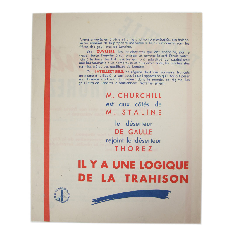 Leaflet, Propaganda, Anti-Communist and Anti-Gaullist, 1941