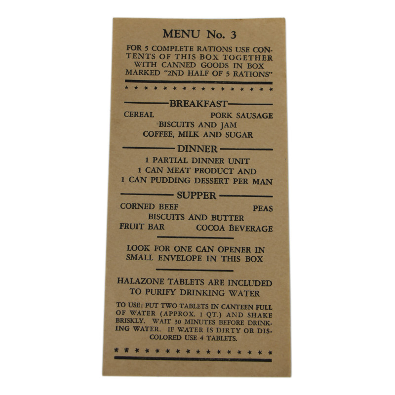 Étiquette, Menu No. 3, ration Ten-in-One, US Army