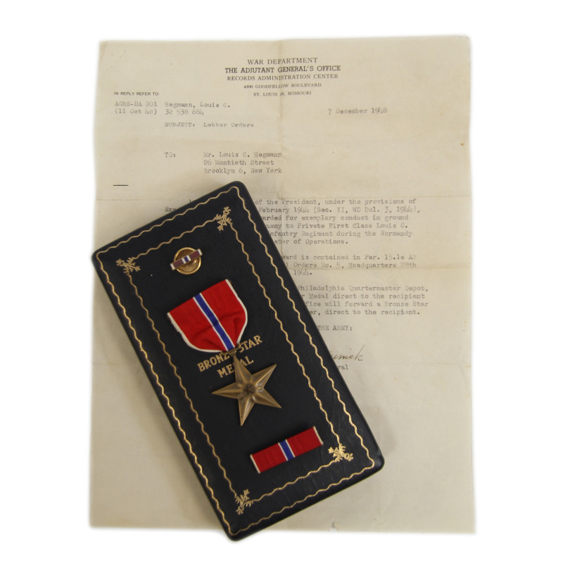 Medal, Bronze Star, in Case, Pfc. Louis Hegmann, Co. H, 28th Inf. Regt., 8th Infantry Division, ETO