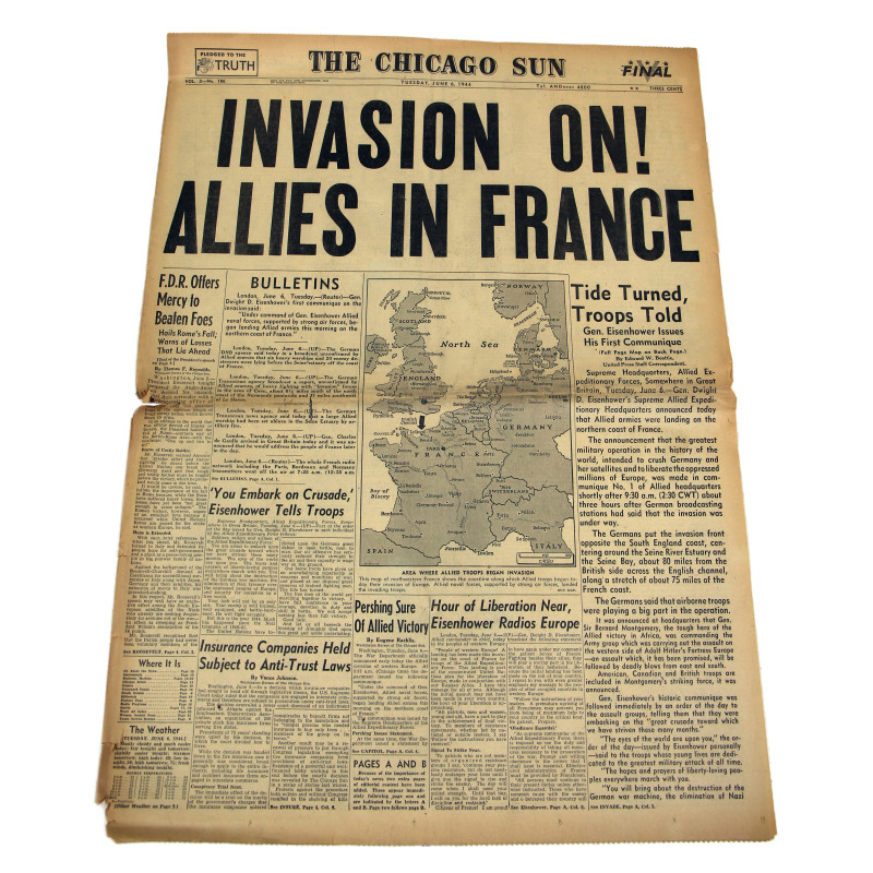 Pages, Front and Rear, Newspaper, The Chicago Sun, June 6, 1944, 'Invasion On! Allies In France' Pages, Front and Rear, Newspaper, The Chicago Sun, June 6, 1944, 'Invasion On! Allies In France'
