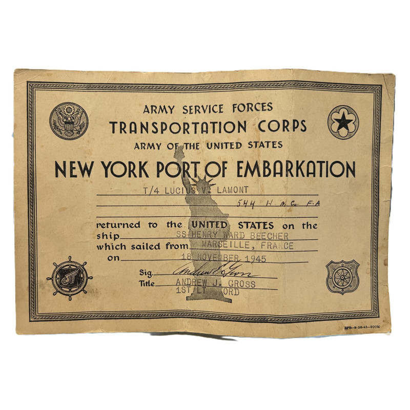 Return Certificate, New York Port of Embarkation, T/4 Lucius V. Lamont