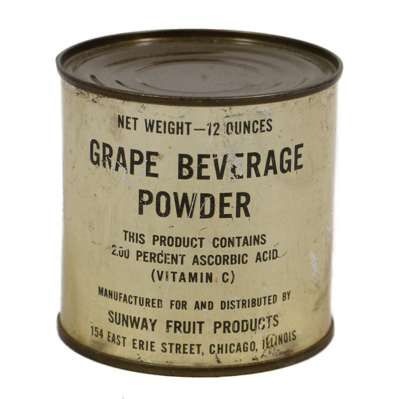 Boîte de conserve, jus de raisin soluble, Grape Beverage Powder, ration, pleine