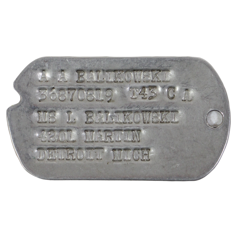 Plaque d'identité, Dog Tag, Pvt. Adolph Balikowski, 596th Ambulance Co., ETO