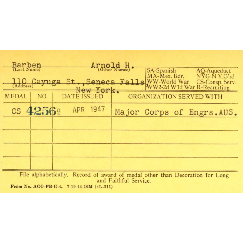 Musette M-1936, OD 7, KADIN 1944, Maj. Arnold Barben, Corps of Engineers