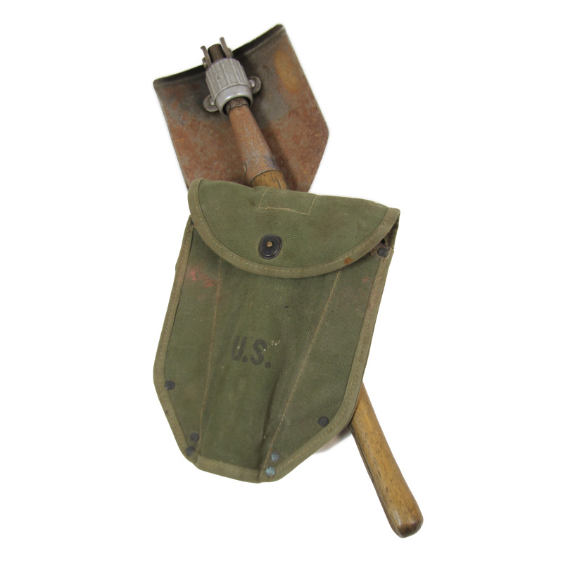 Shovel, Folding, M-1943, WOOD 1944, with 1st Type Carrier, OD 7, SHAPIRO BROS. CO. 1943