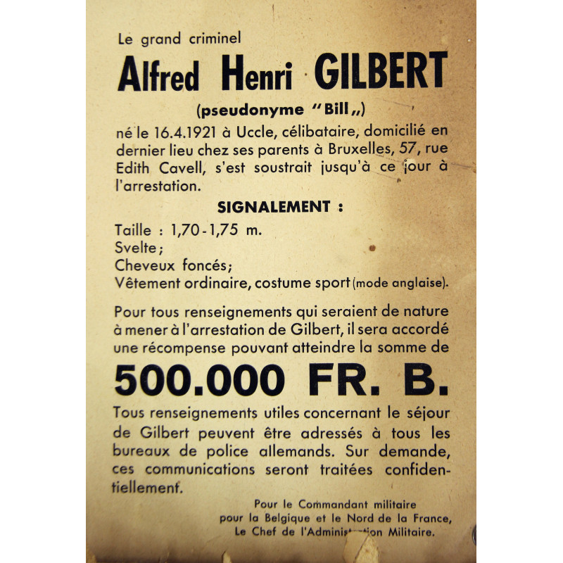 Notice, Wanted, German, Alfred Gilbert, Militärbefehlshaber in Belgien und Nord-Frankreich