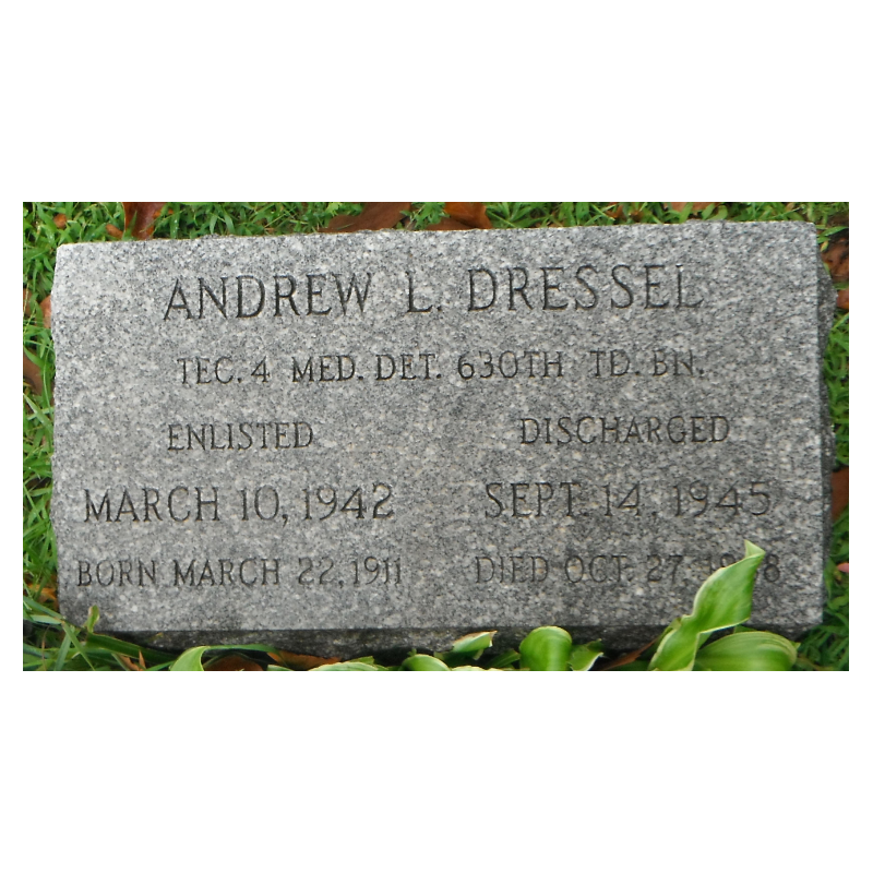 Plaques d'identité, T/4 Andrew Dressel, Medical Detachment, 630th Tank Destroyer Bn., blessé, ETO