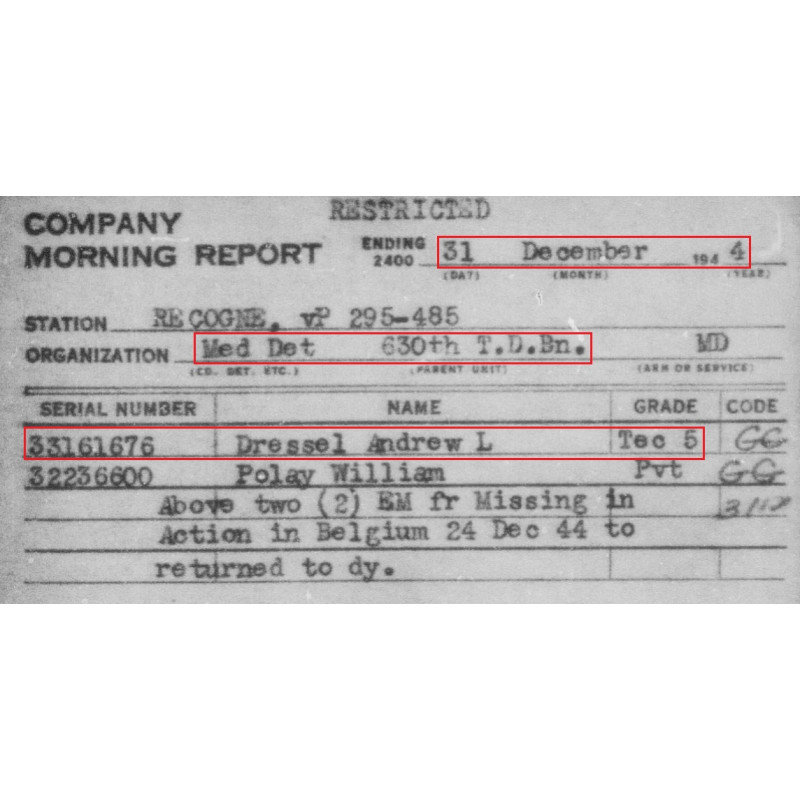 Dog Tags, T/4 Andrew Dressel, Medical Detachment, 630th Tank Destroyer Bn., Injured, ETO
