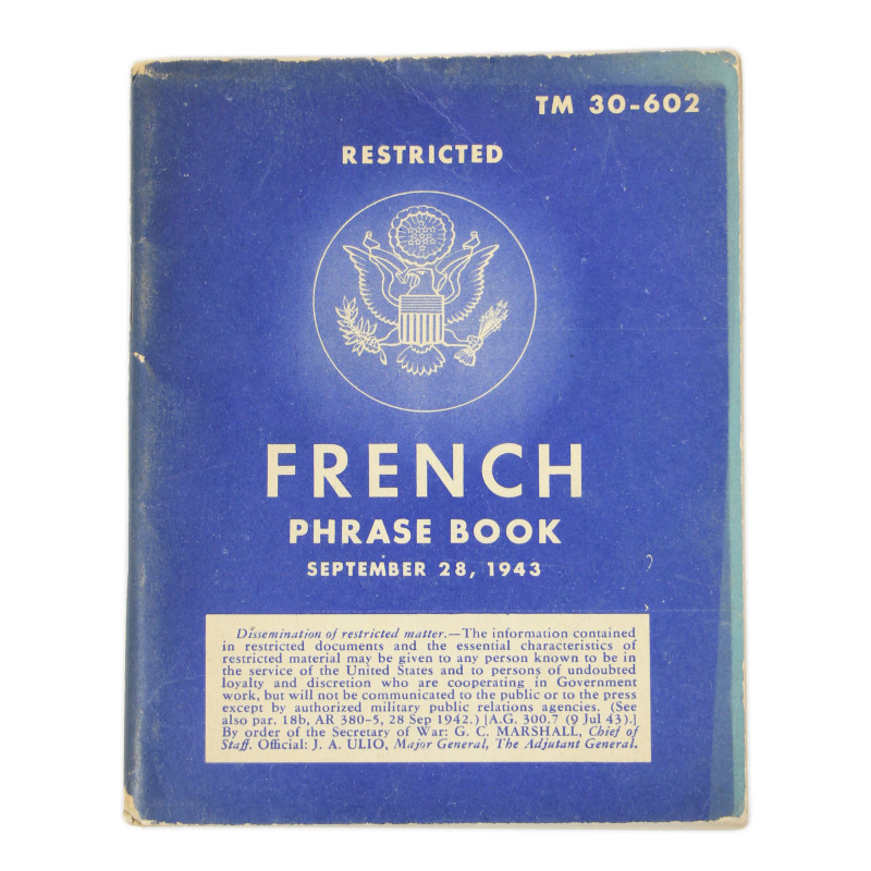 Livret, French Phrase Book, TM 30-602, 28 septembre 1943
