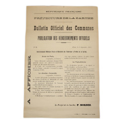 Affiche, Publication des Renseignements Officiels, Préfecture de la Sarthe, n° 32, 6 septembre 1914