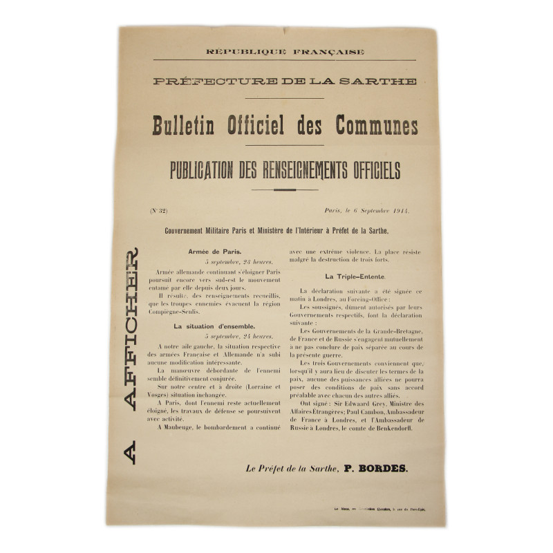 Affiche, Publication des Renseignements Officiels, Préfecture de la Sarthe, n° 32, 6 septembre 1914