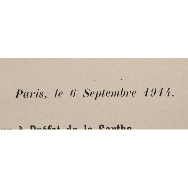 Poster, Publication des Renseignements Officiels, Préfecture de la Sarthe, No. 32, September 6, 1914