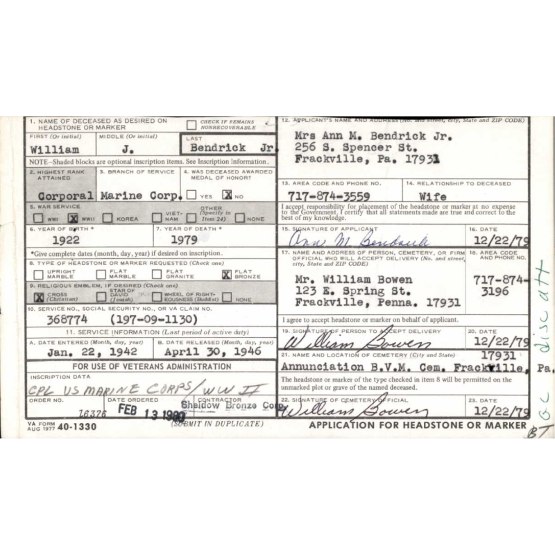 Cravate beige, Cpl. William Bendrick, Jr., Co. K, 8th Marine Regt., 1st Marine Division, USMC, Guadalcanal