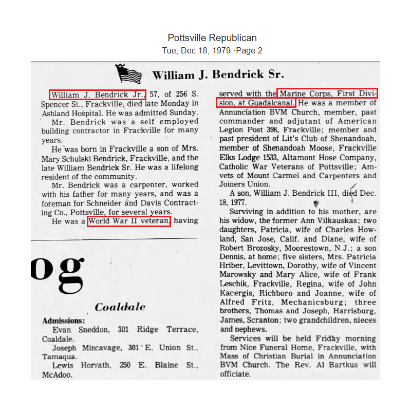 Necktie, Cpl. William Bendrick, Jr., Co. K, 8th Marine Regt., 1st Marine Division, USMC, Guadalcanal