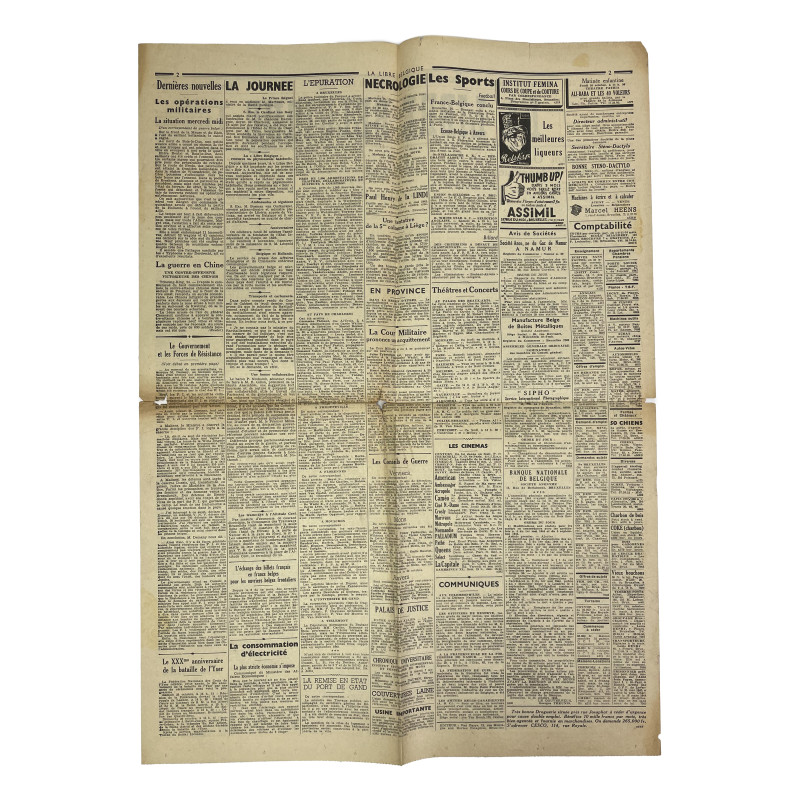 Newspaper, Belgian, La Libre Belgique, October 26, 1944