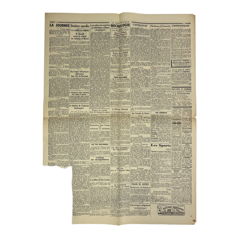 Newspaper, Belgian, La Libre Belgique, October 28, 1944