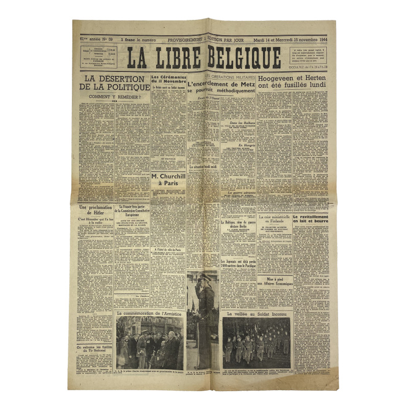 Newspaper, Belgian, La Libre Belgique, November 15, 1944