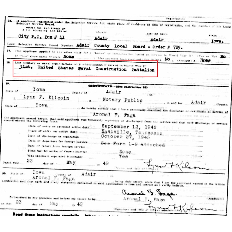 Gourde US, complète, 1942, CM2c Aronal Faga, 31st Naval Construction Bn., Seabees, PTO, Iwo Jima