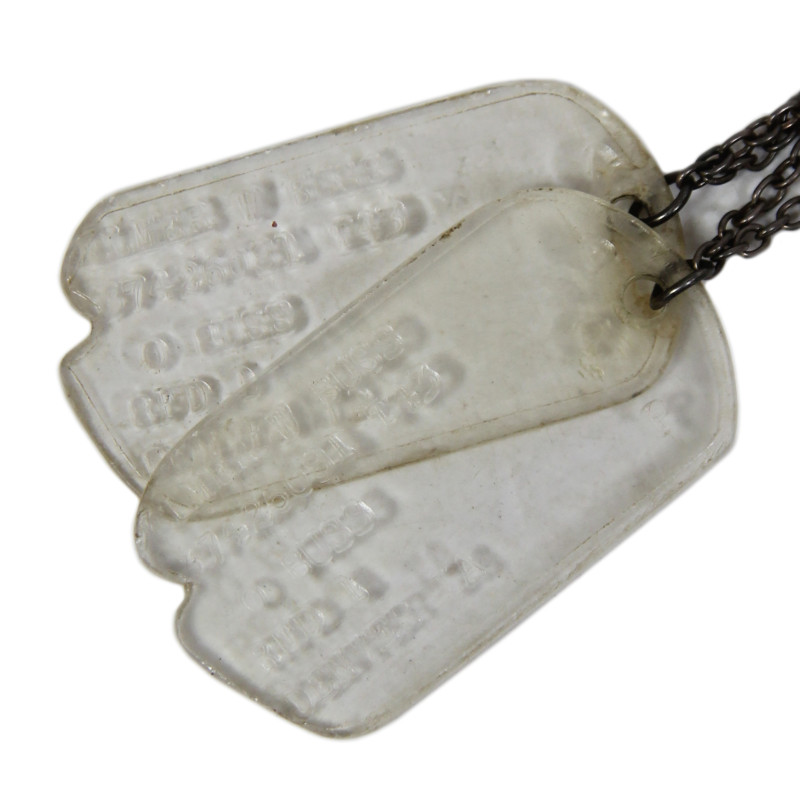 Dog Tags, Plexiglas, Pvt. Elmer Buss, 127th Inf. Regt., 32nd Inf. Div., CBI & PTO