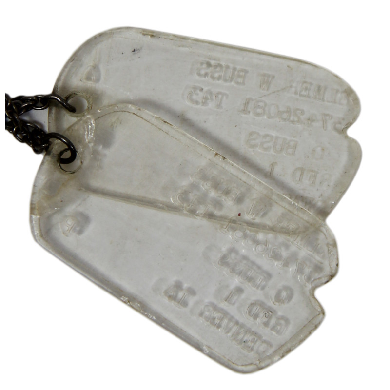 Dog Tags, Plexiglas, Pvt. Elmer Buss, 127th Inf. Regt., 32nd Inf. Div., CBI & PTO