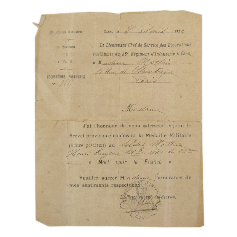 Médaille Militaire, Soldat Henri Motin, 23e Régiment territorial d'infanterie, Mort pour la France, February 27, 1915