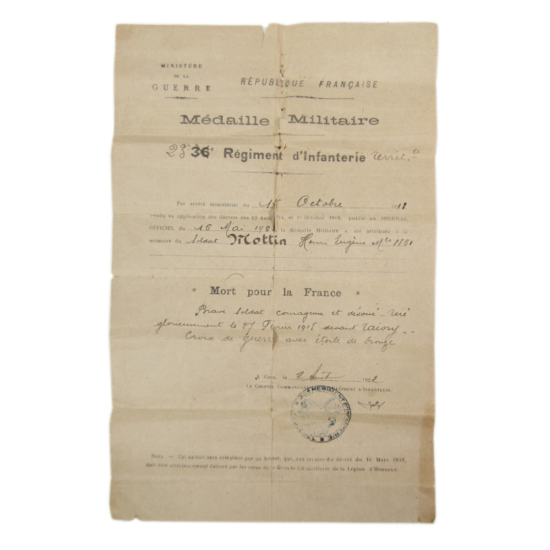 Médaille Militaire, Soldat Henri Motin, 23e Régiment territorial d'infanterie, Mort pour la France, 27 février 1915