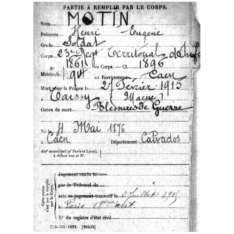 Médaille Militaire, Soldat Henri Motin, 23e Régiment territorial d'infanterie, Mort pour la France, February 27, 1915