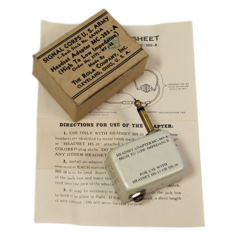 Adaptateur MC-385-A pour écouteurs HS-33 et HS-38, USAAF, 1942, dans sa boîte