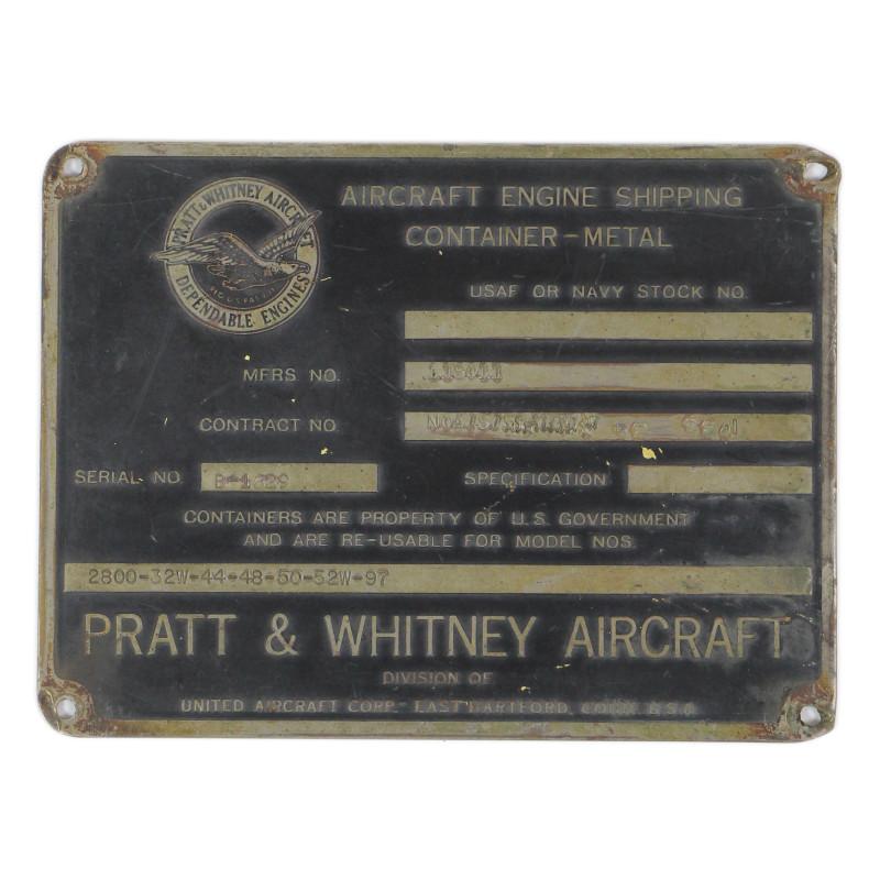 Plaque de container, moteur d'avion, PRATT & WHITNEY