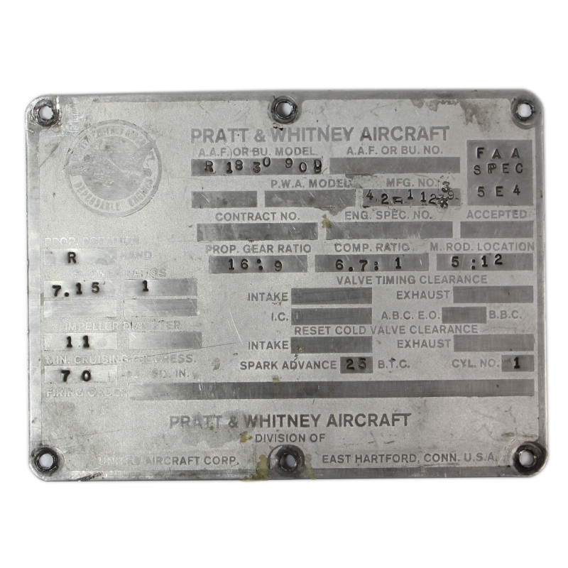 Plate, Engine, Aircraft, PRATT & WHITNEY, 1942