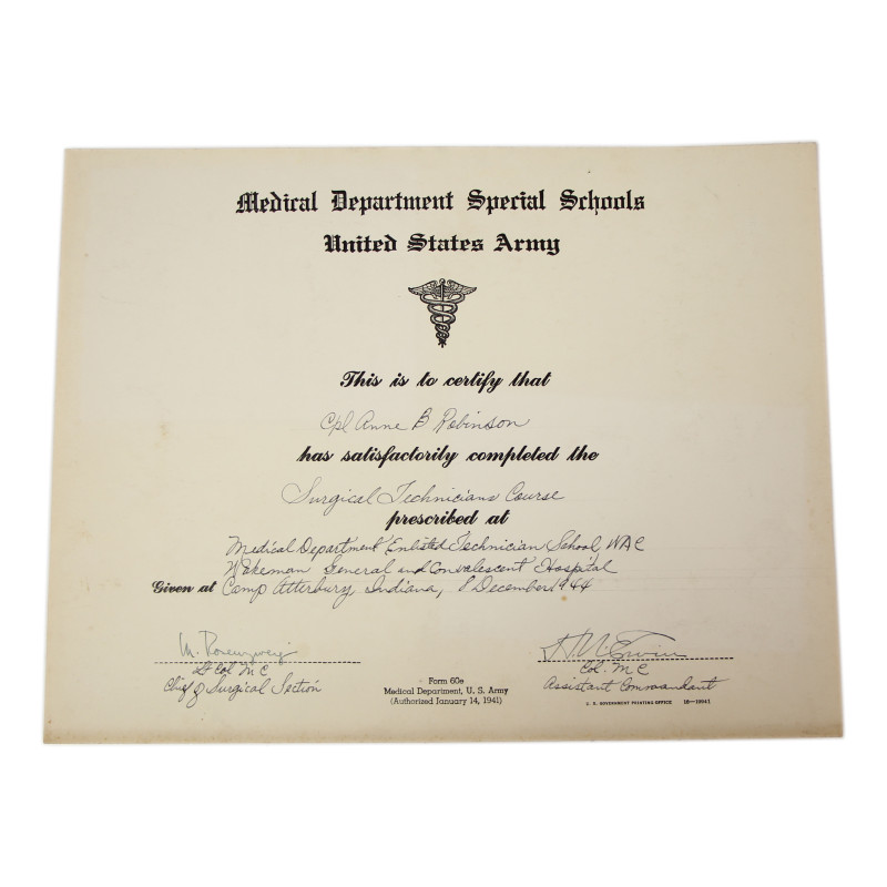 Certificat, Medical Department, Surgical Technician, Cpl. Anne Robinson, WAC, 1944