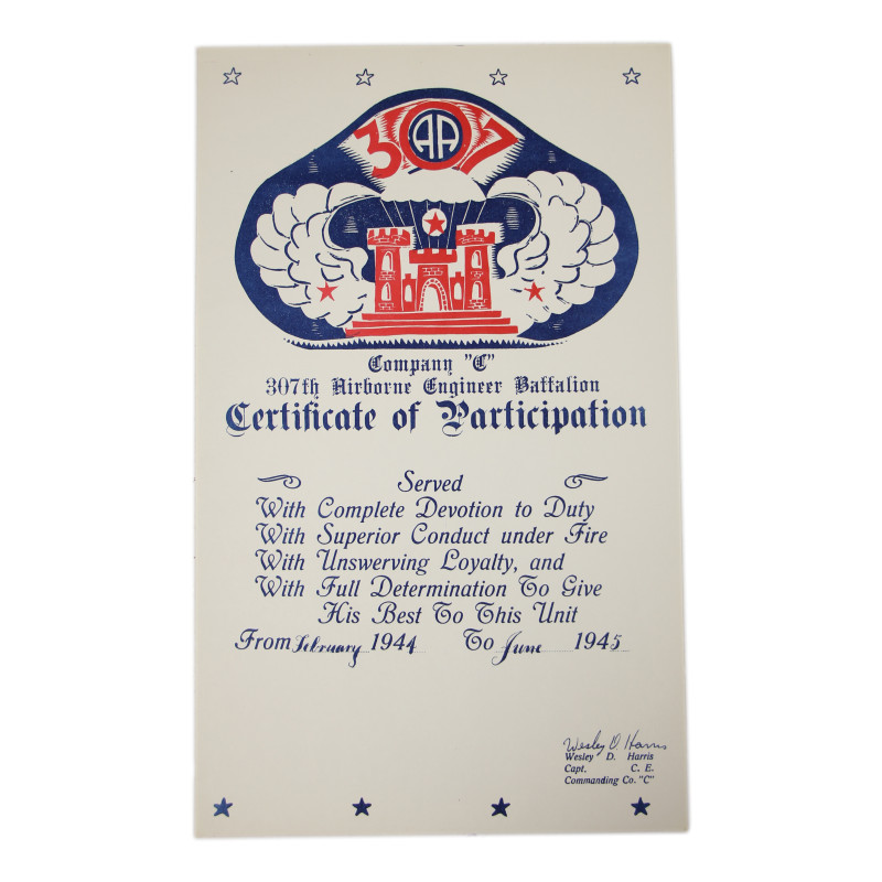 Certificate of Participation, Co. C, 307th Airborne Eng. Bn., 82nd Airborne Division
