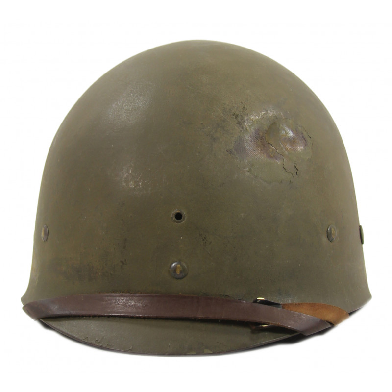Helmet, M1, Swivel Loops, Firestone Liner, Battle-Damaged, Pvt. Raymond Rediske