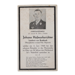 Sterbebilder, carte du souvenir, Ob. Gefr. Johann Hofmarksrichter, Flak-Regiment, Luftwaffe, 3 juin 1944