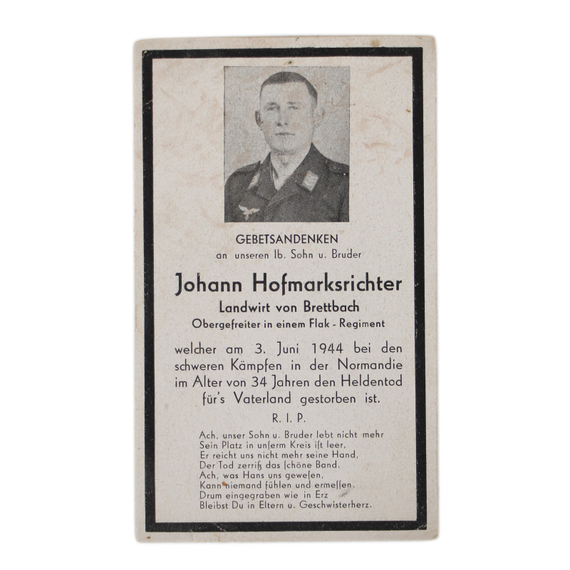 Sterbebilder, carte du souvenir, Ob. Gefr. Johann Hofmarksrichter, Flak-Regiment, Luftwaffe, 3 juin 1944
