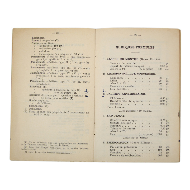 Manuel belge, Formulaire du Service de Santé de l'Armée, 1939