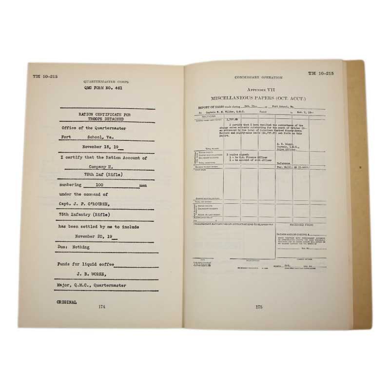 Manuel technique, TM 10-215, Commissary Operation, 1940