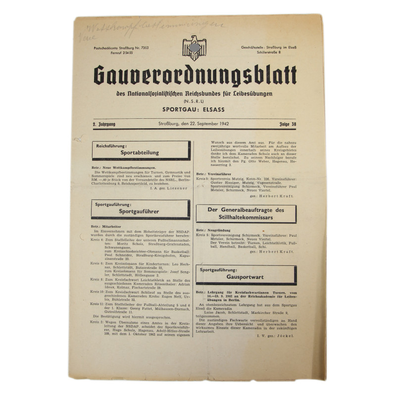 Brochure sportive, Gauverordnungsblatt des Nationalsozialistichen Reichsbundes für Leibesübungen, Strasbourg, 1942